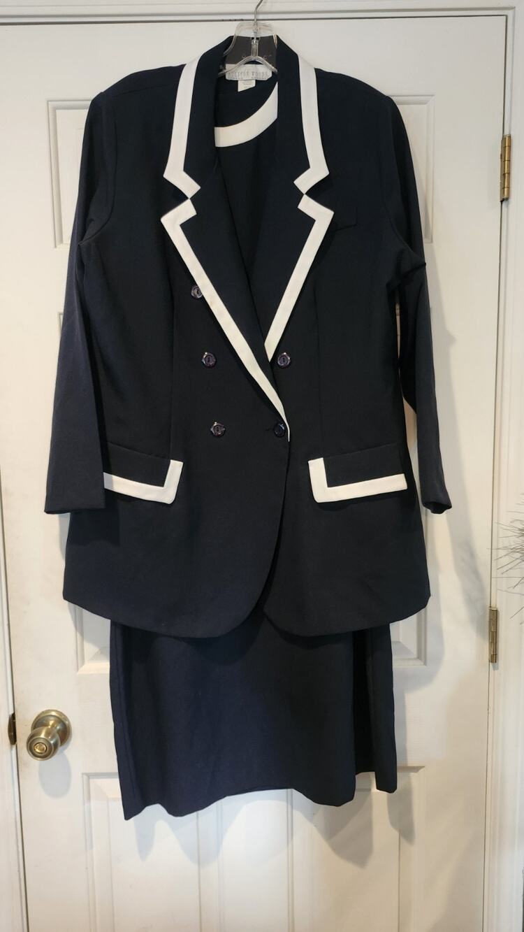 Vintage Allison Woods Navy Blue Dress Suit Set White Contrast Trim Size 18T D22